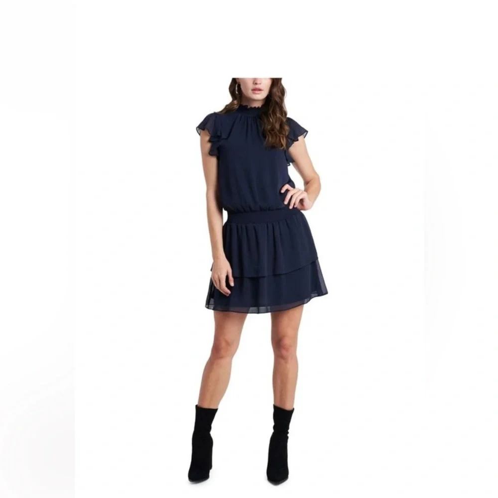 1. STATE Women’s Mock Neck Navy Flutter Sleeve Drop Waist Dress - L - Picture 1 of 6